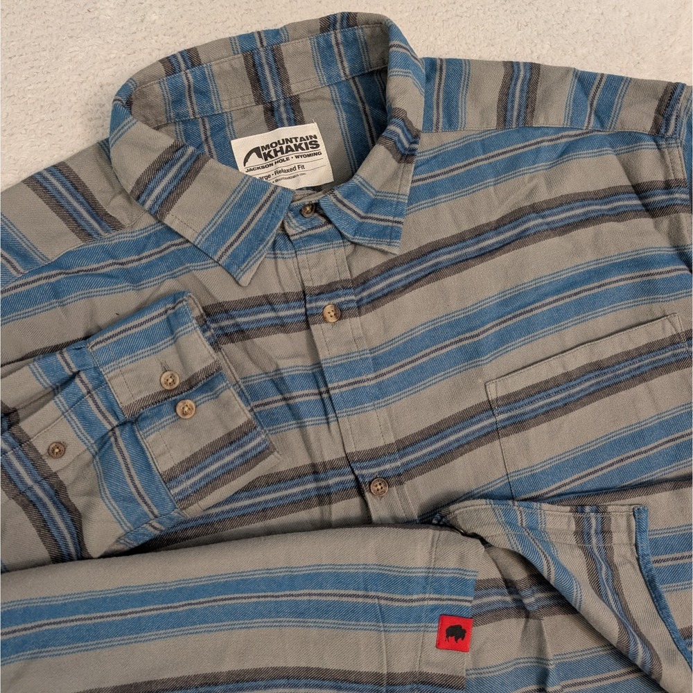 Mountain‎ Khakis Flannel Shirt Mens XL Gray Blue Striped Long Sleeve Button Up